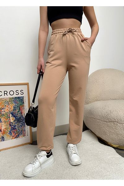 Bonne Maison Γυναικείο μπεζ ελαστικό πόδι ψηλόμεσο Jogger αθλητικό παντελόνι