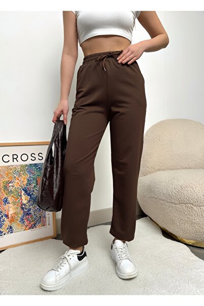 Bonne Maison Γυναικείο καφέ παντελόνι Jogger με ελαστικό ψηλόμεσο