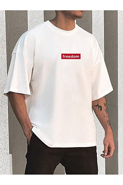 YRN COLLECTION T-Shirt Freedom Written - Λευκό εμπριμέ κοντό μανίκι με λαιμόκοψη