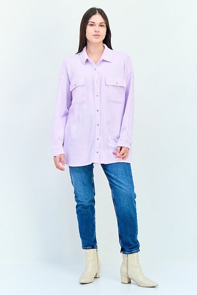 aerie Women Spread Collar Long Sleeve Knitted Shirt, Lavender