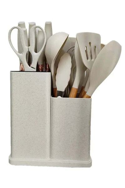 huitich 19-Piece Beige Silicone Kitchen Utensil Set with Knives, Cutting Board, and Gadgets