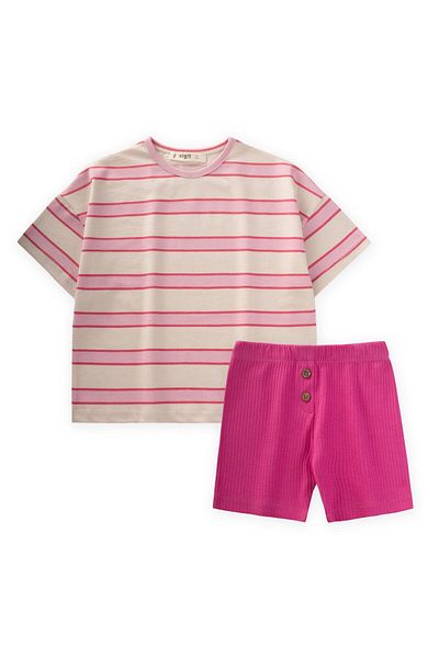 Cigit Patterned T-Shirt Set with Short Leggings 2-8 Years Ecru