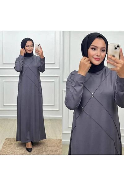 CELTMODA Women's Stone Detailed Plain Long Combed Cotton Dress - Gray