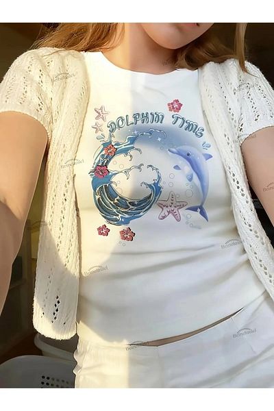 1blood Belt Length Dolphin Printed Crop Blouse
