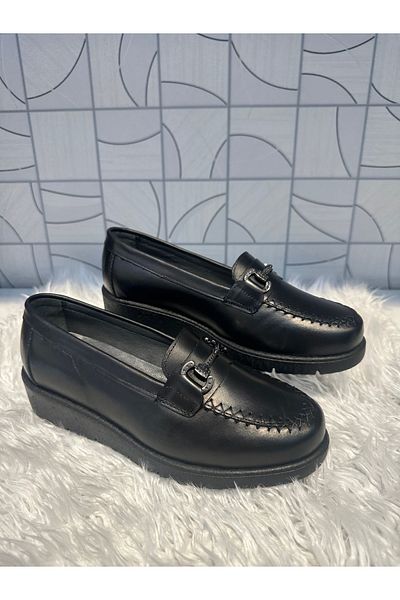 Anıl Ayakkabı Napa 092 Women's Black Genuine Leather Comford Buckle Detail Wedge Heel Daily Orthopedic Casual Shoes