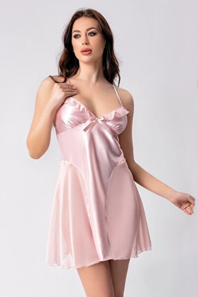 Viselya detaliu din tul Cămașă de noapte din satin roz deschis