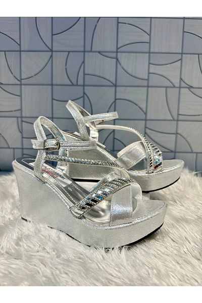 Anıl Ayakkabı Lg 302 Silver Gray Plaster Pattern Cross Single Band Detail Stone Filled Heel Daily Evening Dress Stylish Shoes
