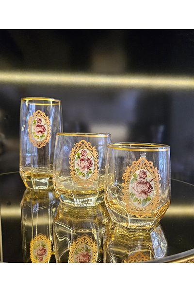 ALANYA HOME DECOR Rose Patterned Honey Gold Cornered 18Pcs Glass Rose Patterned Honey Gold Cornered 18 Pieces Glass Set