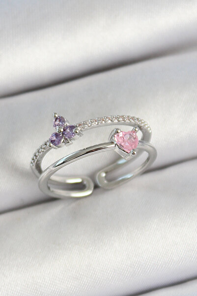 callerrons accessories خاتم نسائي من النحاس على شكل قلب وزهرة من حجر الزركون فضي اللون قابل للتعديل - EBJ250530W34374