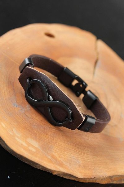 callerrons accessories Brown Leather Men's Bracelet with Black Infinity Metal Accessories - Ebj250530W34253