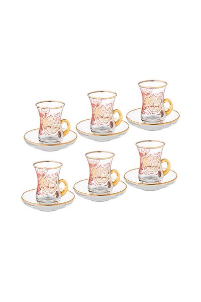 Dania Turkish crystal tea set with gold line and red rose decoration, elegant, consisting of 6 cups and 6 saucers