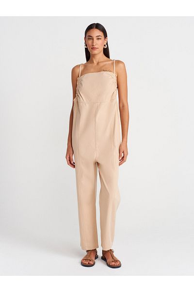 Dilvin 71031 Drawstring Detailed Jumpsuit-Beige