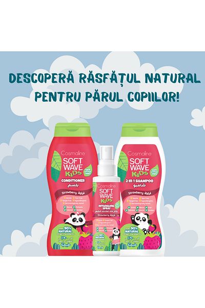 COSMALINE Set ingrijire copii Sampon 400ml, Spray descurcare par 125ml, Balsam 400ml Soft Wave Kids, capsune