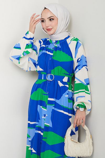 InStyle Rochie din viscoză albastră Saks cu model botanic
