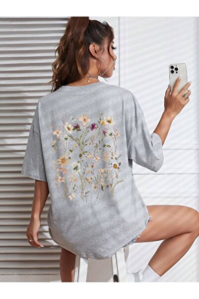 YRN COLLECTION Μπλουζάκι με μοτίβο λουλουδιών - Γκρι εμπριμέ κοντό μανίκι με ...