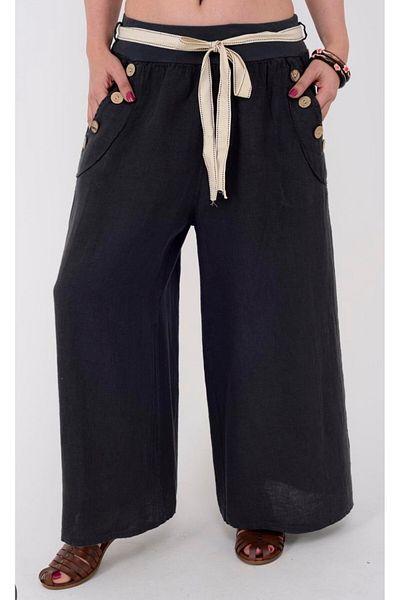 İTALYAN Women's Button Detail Belted Italian Linen Pants