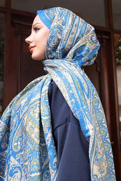 benguen Şal cu model etnic Saks Blue H103