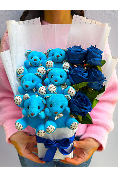 lenostra Mavi Ayıcıklı ve Lacivert Güllü Premium Ayıcık Buketi Sevgiliye Abla...