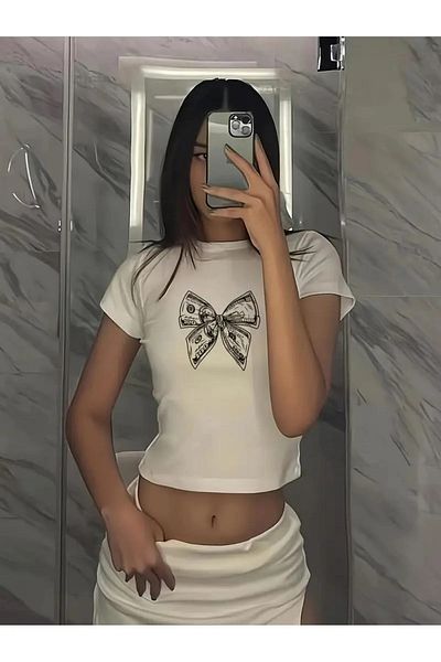 1blood Belt Length Ribbon Dollar Printed Crop Blouse