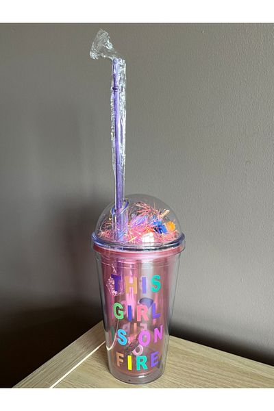 Area Online Pink Water Bottle with Straw, Frosted Glass Appearance, 450 ml Double Layer Mica