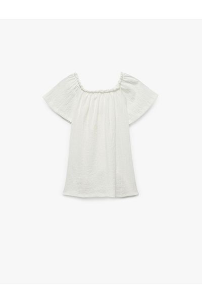 Koton Wrap-Around Fabric Bow Off-The-Shoulder Ruffle Short Sleeve Blouse