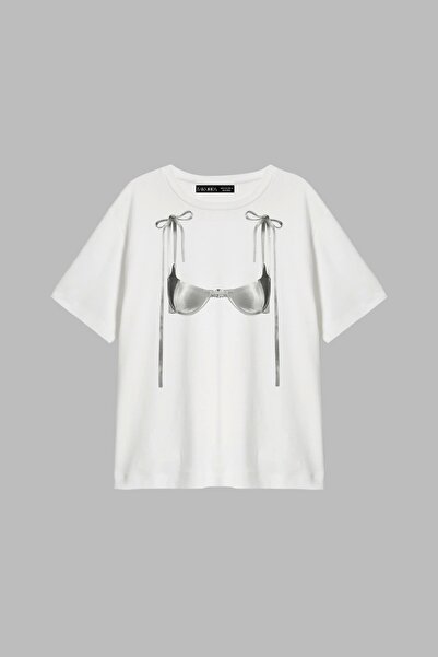 Bak Moda Γυναικείο μπλουζάκι με στάμπα μπικίνι με κορδέλα Relaxed Fit Λευκό