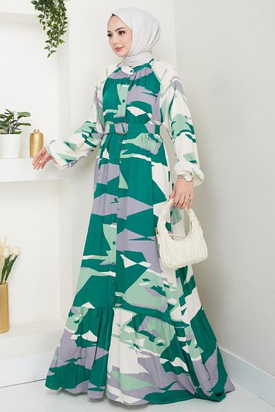 InStyle Botanical Pattern Dark Green Viscose Dress