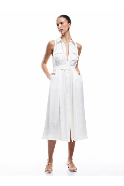 Koton Modal Kumaş Kolsuz Düğmeli Cepli Kemer Detaylı Dokulu Uzun Gömlek Elbise