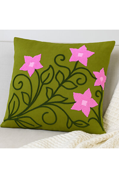 Rell Home Handmade Pink Flower Patterned Punch Needle Embroidery Throw Pillow Case