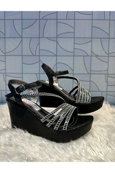 Anıl Ayakkabı Lg 402 Women's Black Plaster Pattern Four Band Stone Single Band Detail Wedge Heel Daily Evening Dress Stylish Shoes