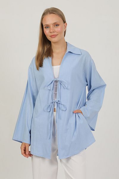 PASTELASTORE Kimono pentru femei 100% bumbac și in, cu șireturi, buzunar 1165 – guler cămașă, țesătură respirabilă