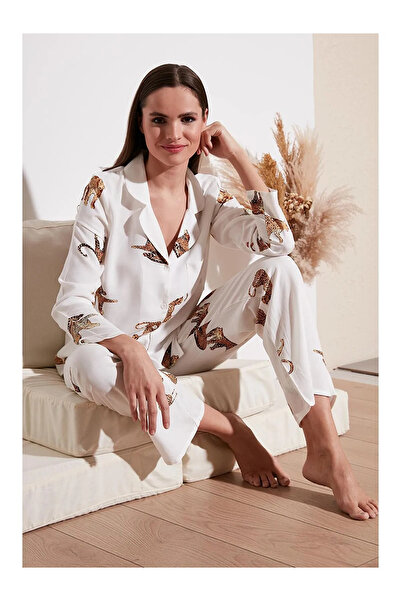 LC Waikiki Patterned Elastic Waist Pocket Detailed Shirt Collar Woven Pajama Set Women's Pajamas