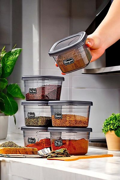 Emperium 6 Pieces Square Anthracite Labeled Spice Rack Set - 550 ml - 6 Pieces Square 0.55 Lt Label Gift