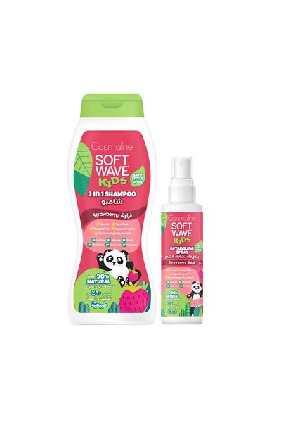 COSMALINE Set Sampon 400ml si Spray descurcare 125ml Soft Wave Kids, >90% ingrediente naturale, copii, capsuni