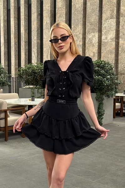 Stil Sepeti Women's Black V Neck Lace up Front Skirt Ruffle Guipure Detail Mini Dress with Shorts Ely-1000569310