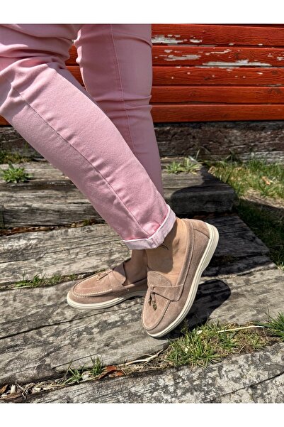 BURCU COLLECTİON Bianca Pendant Lamp Mink Suede Women's Loafer with Gold Accessories