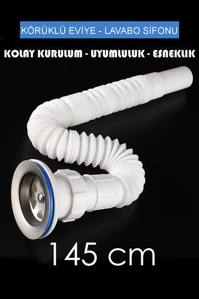 KUSTAR Ayarlanabilir 145 cm Uzanabilen Körüklü Eviye - Lavabo Sifonu Gider Borusu