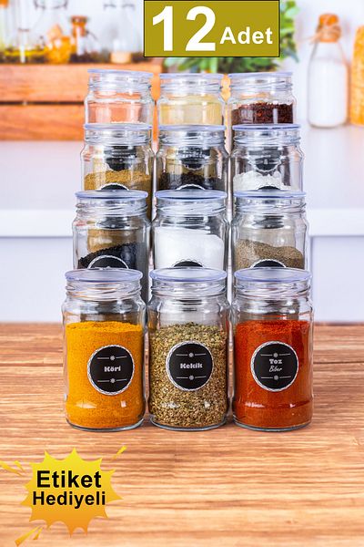 MİA HOME 12-Piece Glass Spice Set with Vacuum Lid 320 ml -12-Piece Vacuum Spice Set