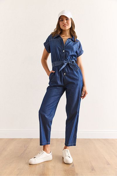 Olalook Women's Blue Pocket Belted Bat Model Denim Jumpsuit Tlm-19000161