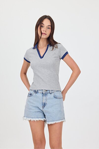 yakamor Guler polo pentru femei tricotaj cu striații tricou