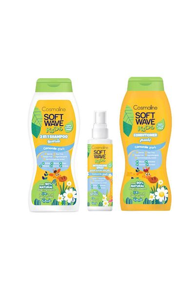 COSMALINE Set ingrijire copii Sampon 400ml, Spray descurcare par 125ml, Balsam 400ml Soft Wave Kids, musetel