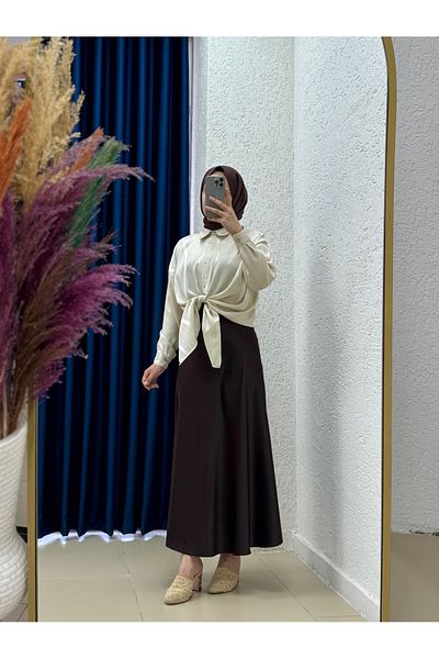 MİHRA STORE Gözde Satin Skirt-Bn8461 Brown