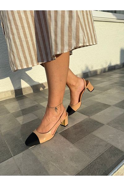 BURCU COLLECTİON Caylin Nude Black Garnished Thick Heeled Women's Shoes