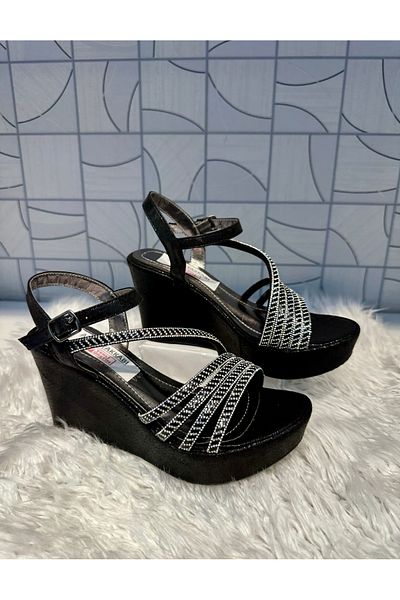 Anıl Ayakkabı Lg 402 Women's Black Plaster Pattern Four Band Stone Single Band Detail Wedge Heel Daily Evening Dress Stylish Shoes