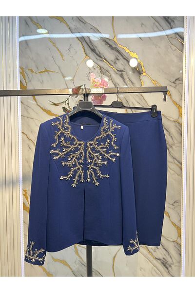 MİSS DİAMOND Breast Stone Embroidered Long Sleeve Crepe Fabric Navy Blue Triple Short Skirt Suit