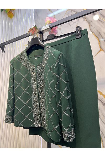 MİSS DİAMOND Embroidered Detailed Crepe Fabric Green Triple Suit