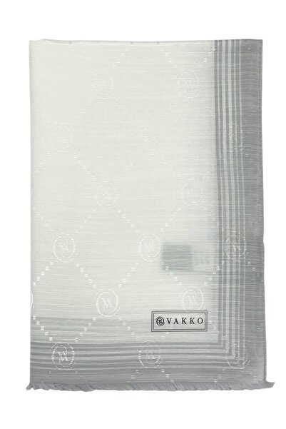 Vakko Pamuk İpek Şal - Bordürlü Monogram - İnci Beyaz Gri