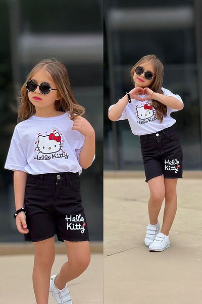Minigimin Cicileri Miniğimin Cicileri Hll Kty Printed Denim Shorts Girls 2-Piece Set - White
