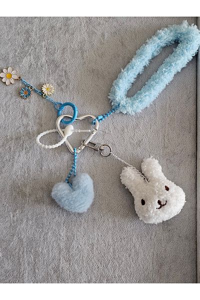 SiestaAccessories Blue White Rabbit Floral Heart Plush Bag Charm / Accessory / Ornament / Keychain