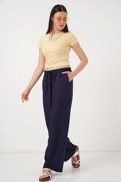 Aymood Wide Leg Linen Trousers 6735 - Navy Blue